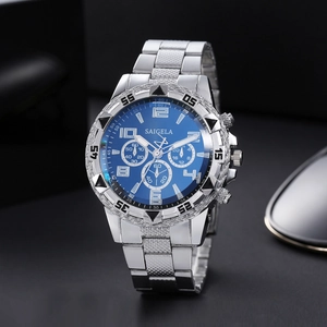 Orologio uomo in acciaio argento con grande quadrante blu e cronografo triplo