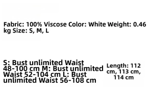 Detail view of the product specification label for the white backless long dress