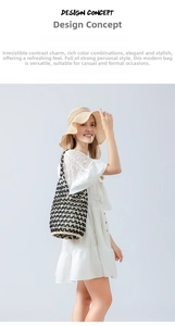 Detailed view of women's woven wooden bead bucket bag in a summer fashion style.