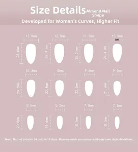 Tableau des tailles avec 12 dimensions pour faux ongles amande roses avec nœuds