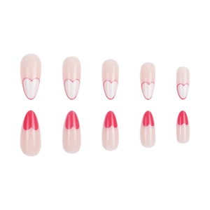 Set unghie finte a mandorla con motivi a cuore rosso su base rosa nude 10 pezzi