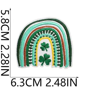 Detailed embroidery patch with rainbow and clover patterns showing dimensions 5.8 x 6.3cm
