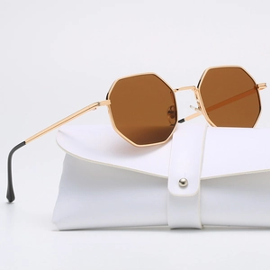 Classic octagon metal sunglasses with brown lenses and a white leather storage pouch