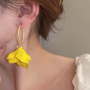 Sweet yellow acrylic petal drop earrings with gold plated hoops for women's vacation style