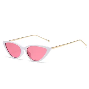 Retro cat-eye sunglasses with white frames, pink lenses, and slim gold metal temples