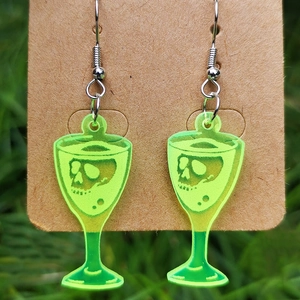 Glow green acrylic earrings with skull cocktail glass design for Halloween vibes