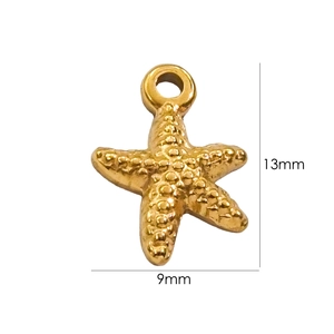 Detailed view of a gold starfish pendant charm showing dimensions 13mm by 9mm