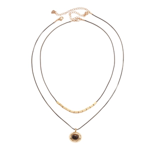Double-layered 18k gold plated necklace featuring tiger eye stone and black cord chain