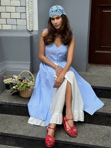 Blue plaid two-piece dress with white ruffle trousers and floral sandals for summer