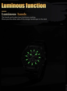 Close-up of luminous green hands and markers on a black dial sport watch for men
