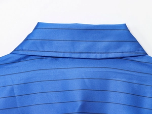 Detailed close-up of blue striped shirt collar showing high-quality stitching and fabric texture