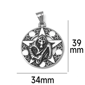 Detailed view of silver grim reaper pendant with dimensions 39mm by 34mm on white background
