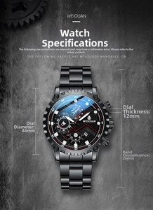 Detailed size chart for black steel men's watch showing 44mm dial and 12mm thickness