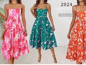 Drei-Farben-Vergleich von gestuften Sommerkleidern mit tropischem Blatt-Blumenmuster
