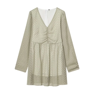 Elegantes V Ausschnitt Langarm Minikleid Für Damen Gesmokte Taille Strukturierter Jacquard Polyester Webstoff Casual