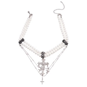 Baroque style layered pearl sweater necklace with gothic rhinestone cross pendants