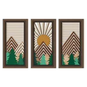 3-piece wooden wall art set with layered forest and mountain landscape in Nordic style