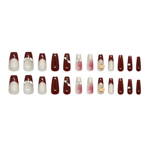 24pcs French vintage burgundy cat-eye coffin nails with sparkling rhinestones and bows