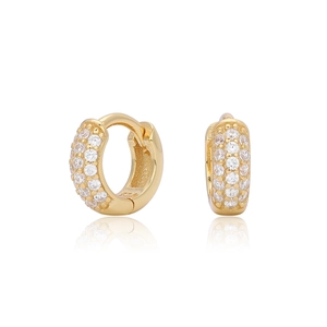 Detailed close-up of gold-plated silver huggie earrings with micro-pave white zircon stones