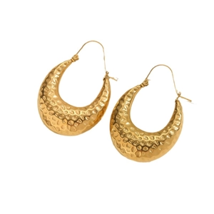 Chic gold hammered titanium steel hoop earrings with unique textured finish on white background