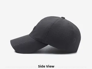 Side view of dark gray breathable mesh baseball cap for sports with quick-dry fabric