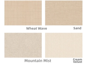 Detail view of four texture samples for waterproof carpets in earthy beige tones