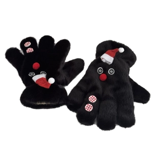 Thick plush winter gloves with snowman design and festive red hat for outdoor warmth