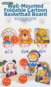 Collage of foldable indoor kids basketball hoops with various cartoon animal designs