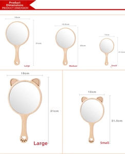 Detailed size chart for handheld wooden beauty mirrors in various shapes and measurements