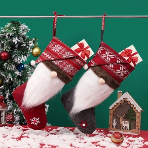 Christmas Stockings Gnome Swedish Tomte Design Knit Felt Faux Fur Long Beard Snowflake Pattern Holiday Hanging Ornament Gift Bag