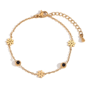Minimalist 18K gold plated stainless steel bracelet with flower charms and black accents