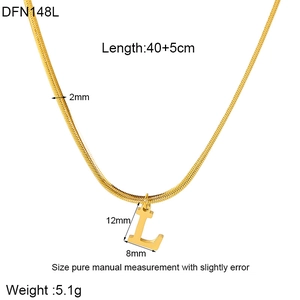 18K gold plated snake chain necklace with letter L pendant showing size dimensions
