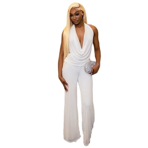 Two-piece white halter neck set with deep V-neck top and wide-leg trousers for women