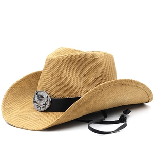 Western Cowboy Straw Hat Wide Brim Sun Protection Breathable Outdoor Beach Hat With Eagle Badge For Men Women