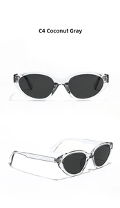 Detail view of square cat-eye sunglasses in C4 Coconut Grey with dark grey lenses