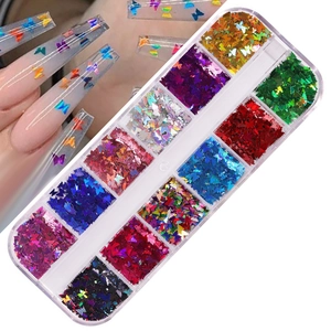 Detailed view of 12-color butterfly nail sequins in a clear organizer box