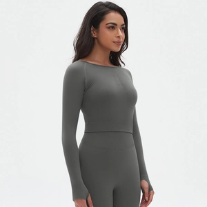 Détails du haut de yoga sans couture gris foncé avec passe-pouces et legging assorti