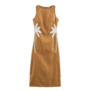 Women Sleeveless Round Neck Maxi Dress Polyester Coconut Tree Embroidered Summer Vacation Elegant Caramel Long Gown