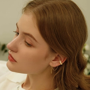 Elegant gold brass ear cuff with zircon stud and long chain dangle for women fashion