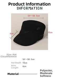 Detailed sizing chart for black knit flat top military cap with polyester material specs
