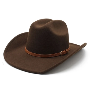 Classic dark brown felt cowboy hat with vintage faux leather belt and gold buckle