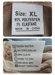 Detailansicht des Pflegeetiketts mit Größe XL und Waschanleitungen für Polyester-Mischgewebe