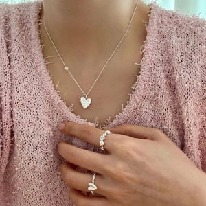 S925 sterling silver heart necklace with pearl charm and matching rings set for women