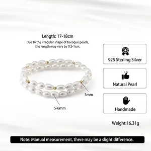 Handmade double-layered baroque freshwater pearl bracelet with 925 silver beads and elastic cord