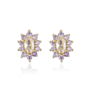 Exquisite 18K gold plated flower earrings with purple and clear zircon stones on white base