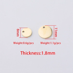 Pendentifs ronds en acier inoxydable doré 8mm et 11mm avec détails sur l'épaisseur