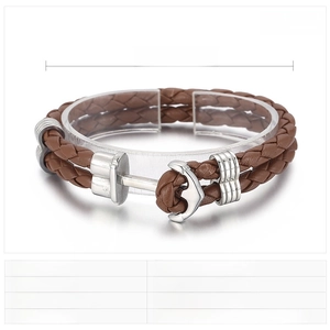 Detail of brown double-layer leather bracelet with stainless steel anchor clasp