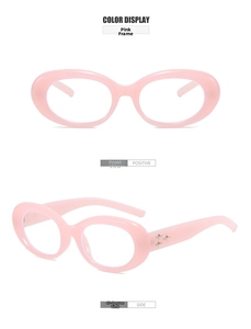 Detailed views of pink oval sunglasses featuring silver star studs on the frames