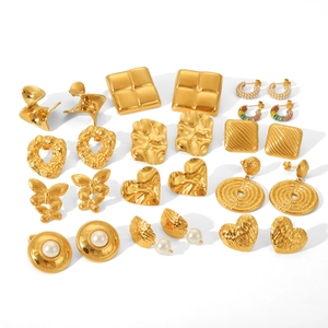 12-pair gold stainless steel earring set with heart, butterfly, and pearl designs
