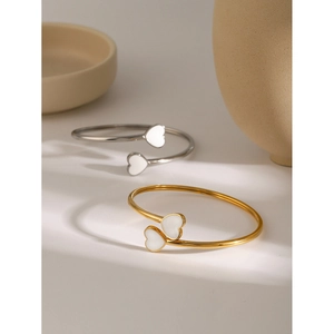 Minimalist 18k gold and silver stainless steel open heart bangles with white enamel inlay